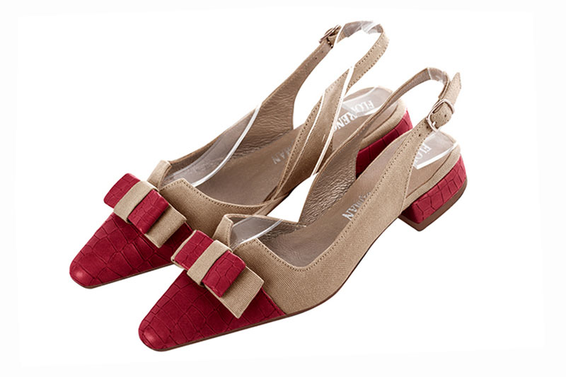 Cardinal red and tan beige women's open back shoes, with a knot. Tapered toe. Flat block heels. Front view - Florence KOOIJMAN